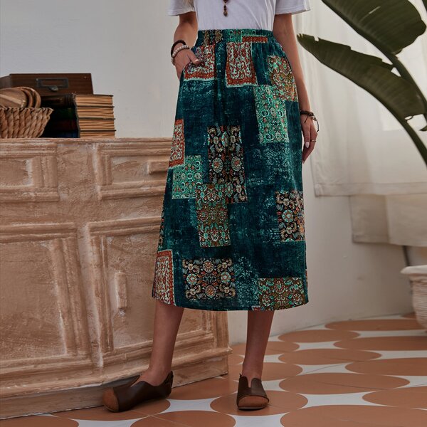 

Patchwork Pocket Side A-line Skirt, Multicolor