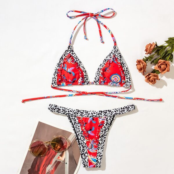 

Leopard & Floral Triangle Thong Bikini Swimsuit, Multicolor