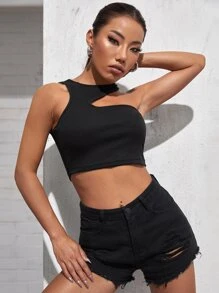 SHEIN ICON Áo nữ Bất đối xứng màu trơn Gợi cảm - màu đen - Xem 4