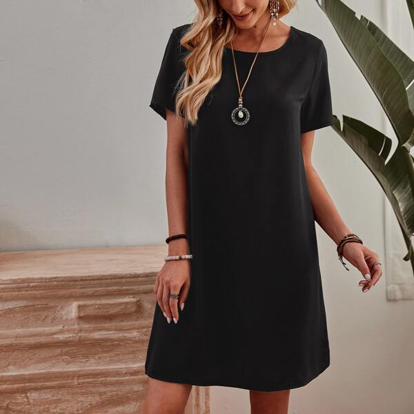 

Solid Short Sleeve Tee Dress, Black
