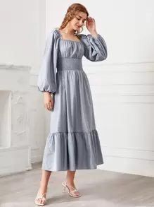 SHEIN فستان بحافة مكشكشة بخصر مدرز باكمام فانوس