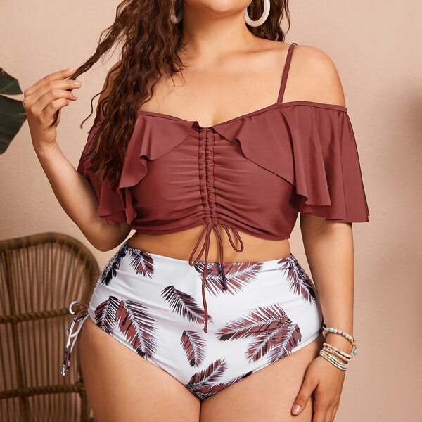 

Plus Leaf Pint Ruffle Bikini Swimsuit, Red and white