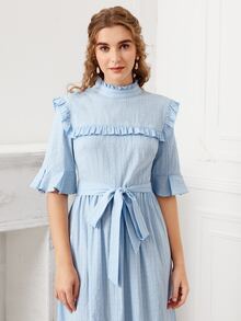SHEIN 褶邊領荷葉邊腰帶連衣裙 - 淺藍色 - 查看 5