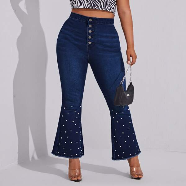 

Plus Pearls Beaded Button Fly Flare Leg Jeans, Dark wash