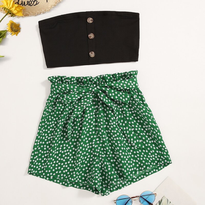 

Button Front Bandeau With Tie Front Shorts, Multicolor