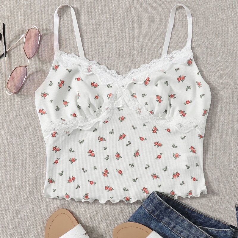 

Ditsy Floral Lace Trim Rib-knit Cami Top, White