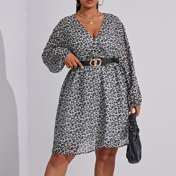 

Plus Leopard Surplice Neck Dress Without Belt, Black and white