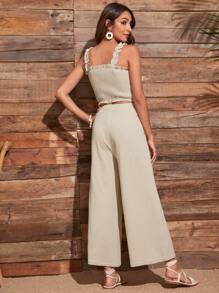 Frill Trim Shirred Cami Top With Wide Leg Pants - Apricot - View 2