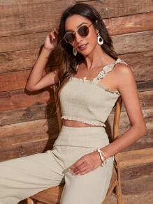Frill Trim Shirred Cami Top With Wide Leg Pants - Apricot - View 3