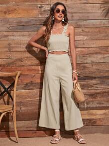 Frill Trim Shirred Cami Top With Wide Leg Pants - Apricot - View 4
