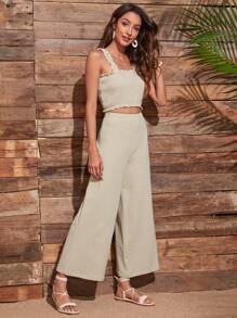 Frill Trim Shirred Cami Top With Wide Leg Pants - Apricot - View 5