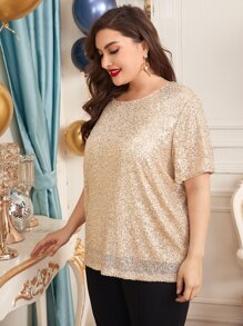 SHEIN Plus All Over Sequin Top - Champagne - View 3