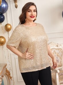 SHEIN Plus All Over Sequin Top - Champagne - View 4