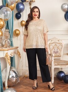 SHEIN Plus All Over Sequin Top - Champagne - View 5