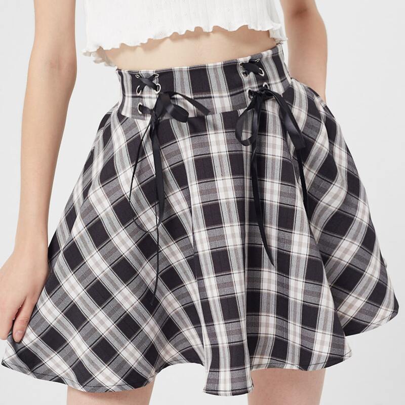 

Lace-up Plaid Flare Skirt, Multicolor
