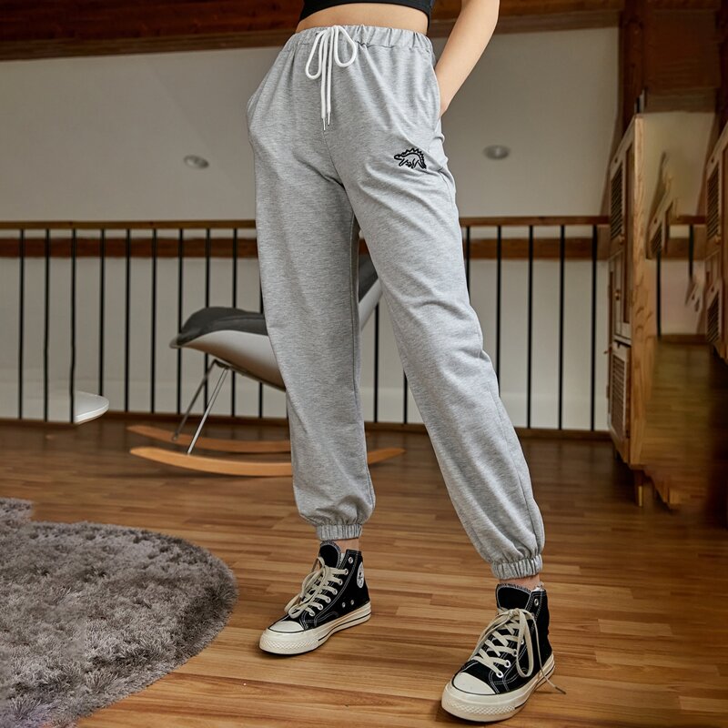 

Cartoon Dinosaur Drawstring Sweatpants, Light grey