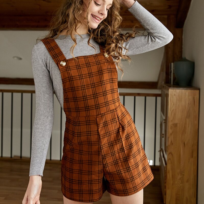

Plaid Overall Romper, Brown