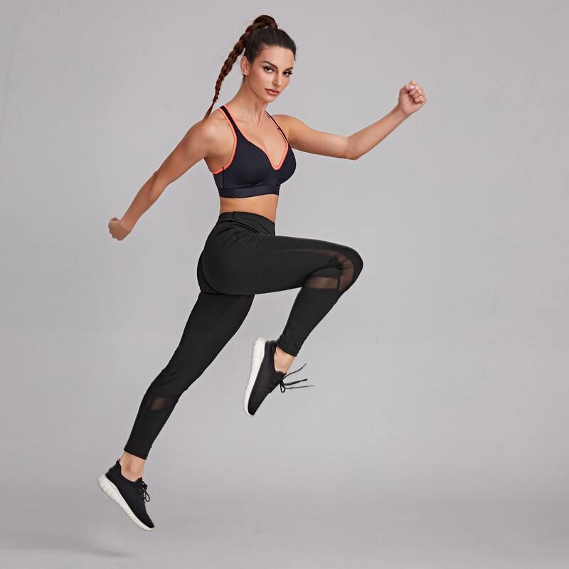 

Mesh Panel Wide Waistband Sports Leggings, Black