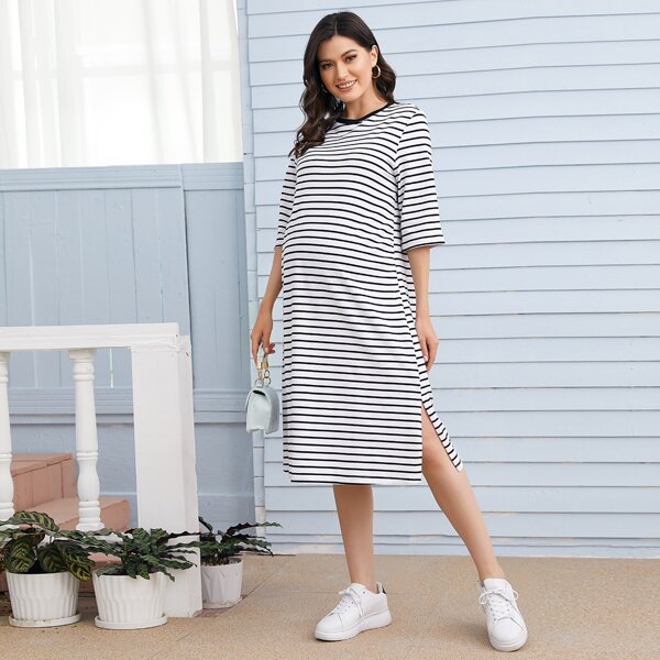 

Maternity Striped Patch Pocket Zipper Side Nursing Tee Dress, Black and white