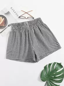 SHEIN Shirred Waist Gingham Shorts - Black and White - View 1