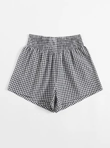 SHEIN Shirred Waist Gingham Shorts - Black and White - View 2