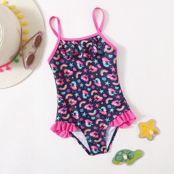 

Toddler Girls Mermaid & Rainbow Print One Piece Swimsuit, Multicolor