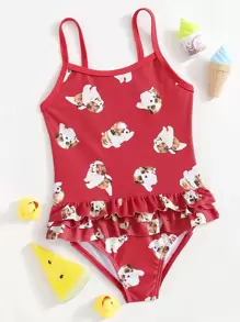 Toddler Girls Dog Print Ruffle One Piece Swimsuit - Red - View 1