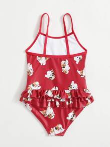 Toddler Girls Dog Print Ruffle One Piece Swimsuit - Red - View 2