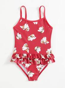 Toddler Girls Dog Print Ruffle One Piece Swimsuit - Red - View 4
