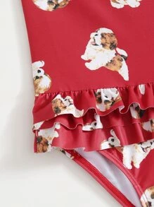Toddler Girls Dog Print Ruffle One Piece Swimsuit - Red - View 6