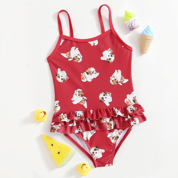 

Toddler Girls Dog Print Ruffle One Piece Swimsuit, Red