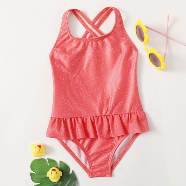 

Toddler Girls Polka Dot Ruffle One Piece Swimsuit, Red