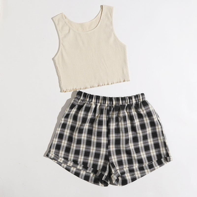

Ribbed Tank Top & Plaid Shorts, Multicolor