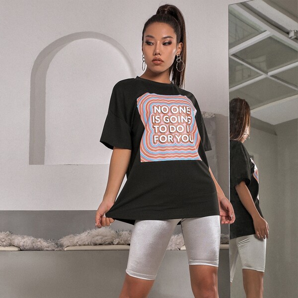 

Slogan Graphic Drop Shoulder Tee, Black