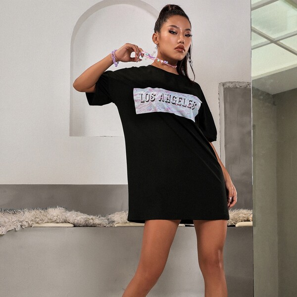 

Letter Graphic Drop Shoulder Tee Dress, Black