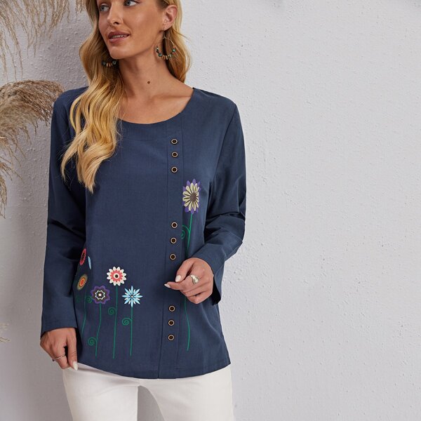 

Plants Print Button Up Blouse, Navy blue