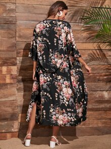 Swim Lushoire Floral Print Split Hem Belted Kimono,Summer Beach - Multicolor - View 2