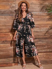 Swim Lushoire Floral Print Split Hem Belted Kimono,Summer Beach - Multicolor - View 4