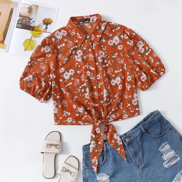 

Plus Allover Floral Print Puff Sleeve Knot Hem Blouse, Multicolor
