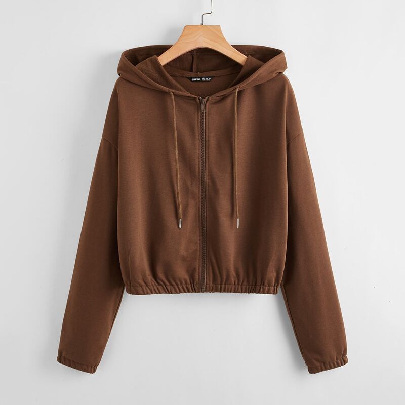 

Solid Zip Up Hooded Sweatshirt, Coffee brown