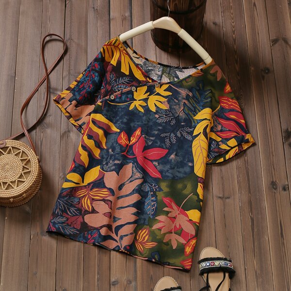 

Plus Tropical Print Button Detail Blouse, Multicolor