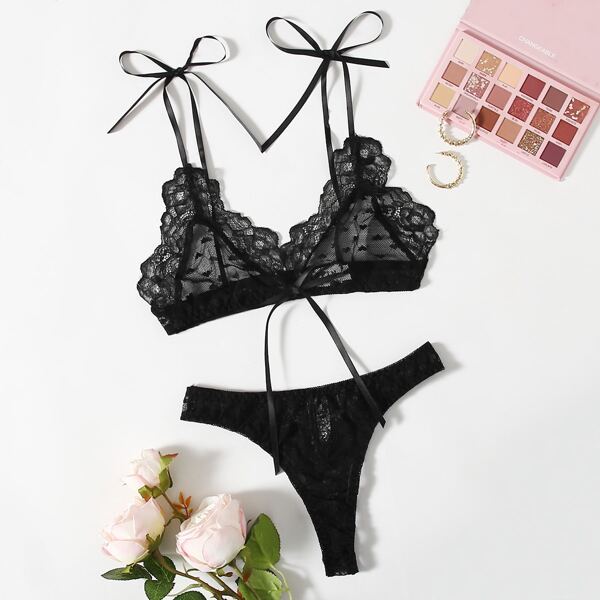 

Heart Pattern Mesh Lace Trim Lingerie Set, Black