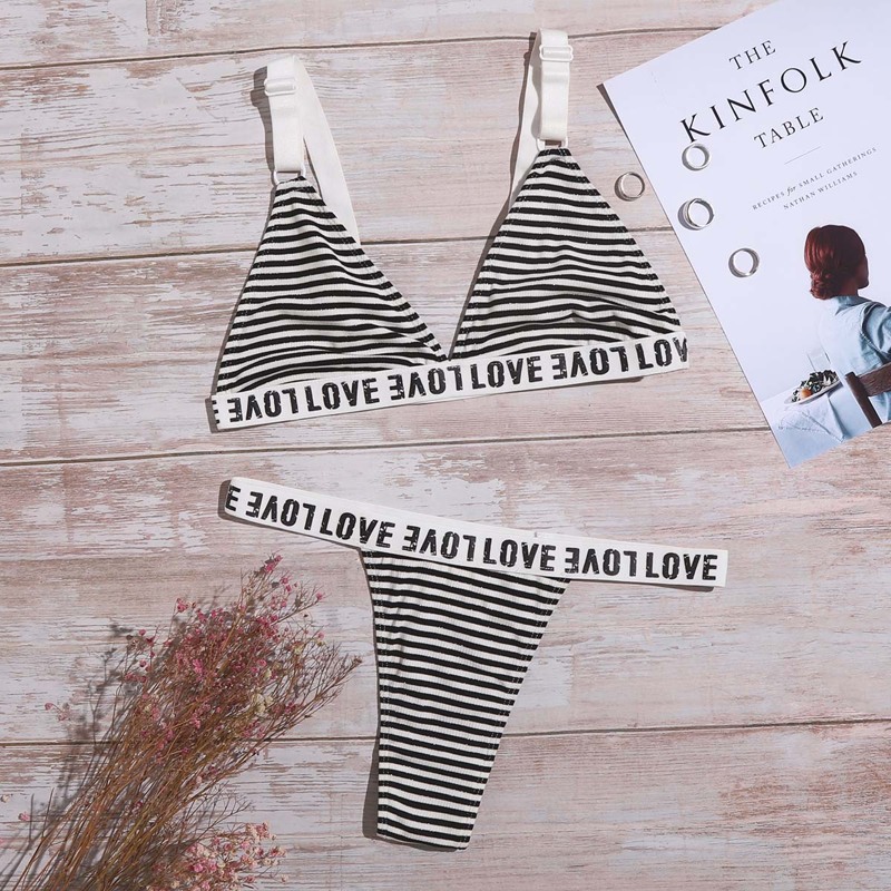 

Striped Letter Tape Lingerie Set, Black and white