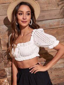 SHEIN Unity 網眼刺繡荷葉邊短版襯衫 - 白色 - 查看 5
