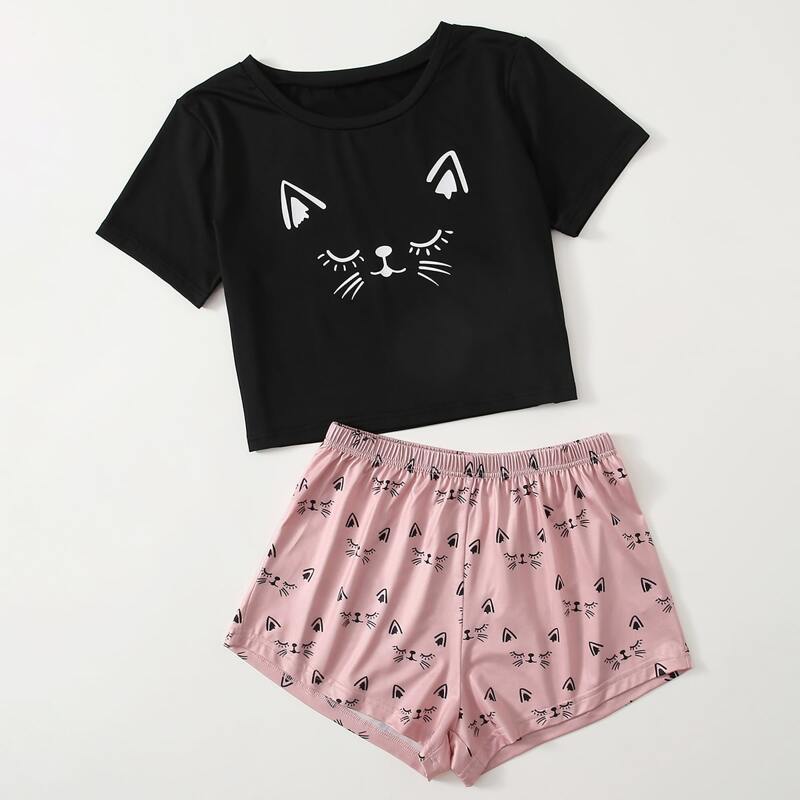 

Cartoon Graphic Shorts PJ Set, Multicolor