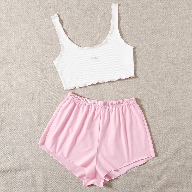 

Letter Embroidery Tank Top PJ Set, Multicolor