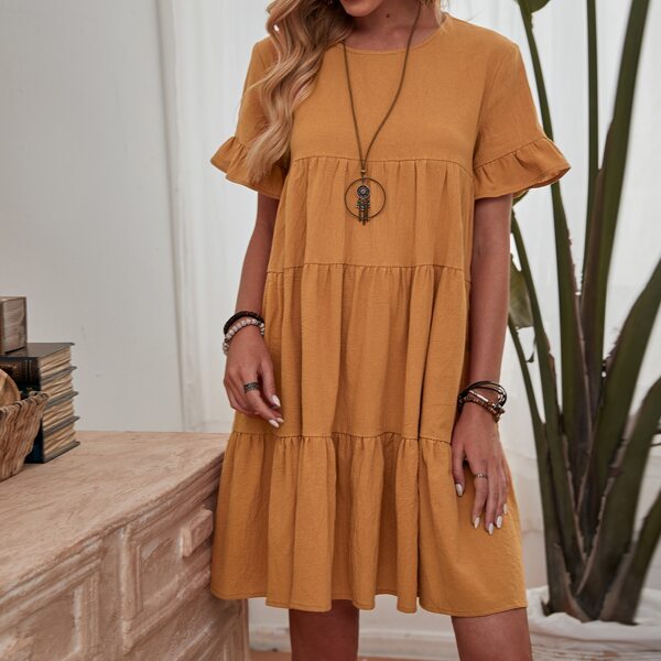 

Flounce Sleeve Ruffle Hem Smock Dress, Mustard yellow