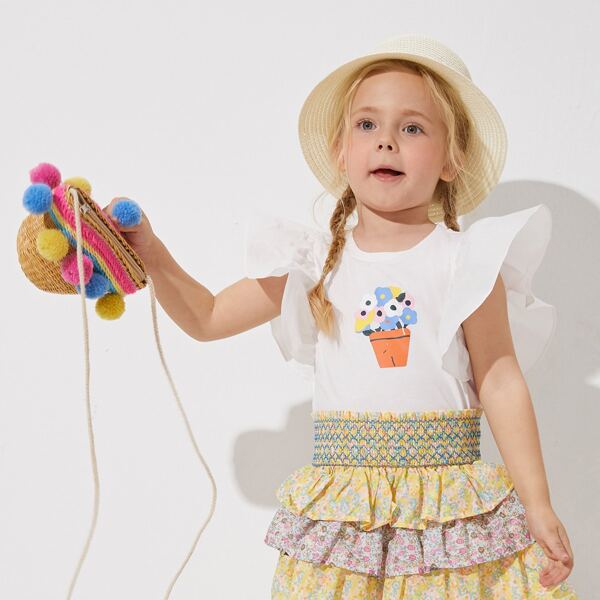 

Toddler Girls Ruffle Trim Floral Print Tee, White