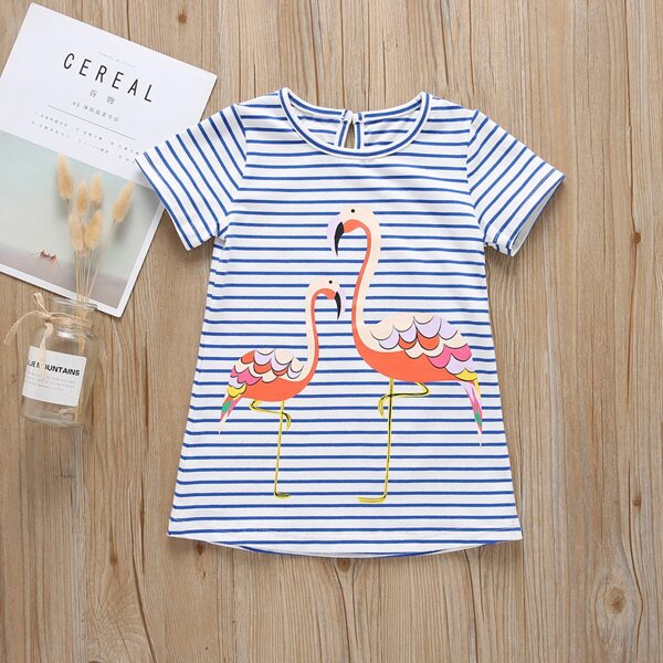 

Toddler Girls Stripe And Flamingo Print Tee Dress, Blue and white