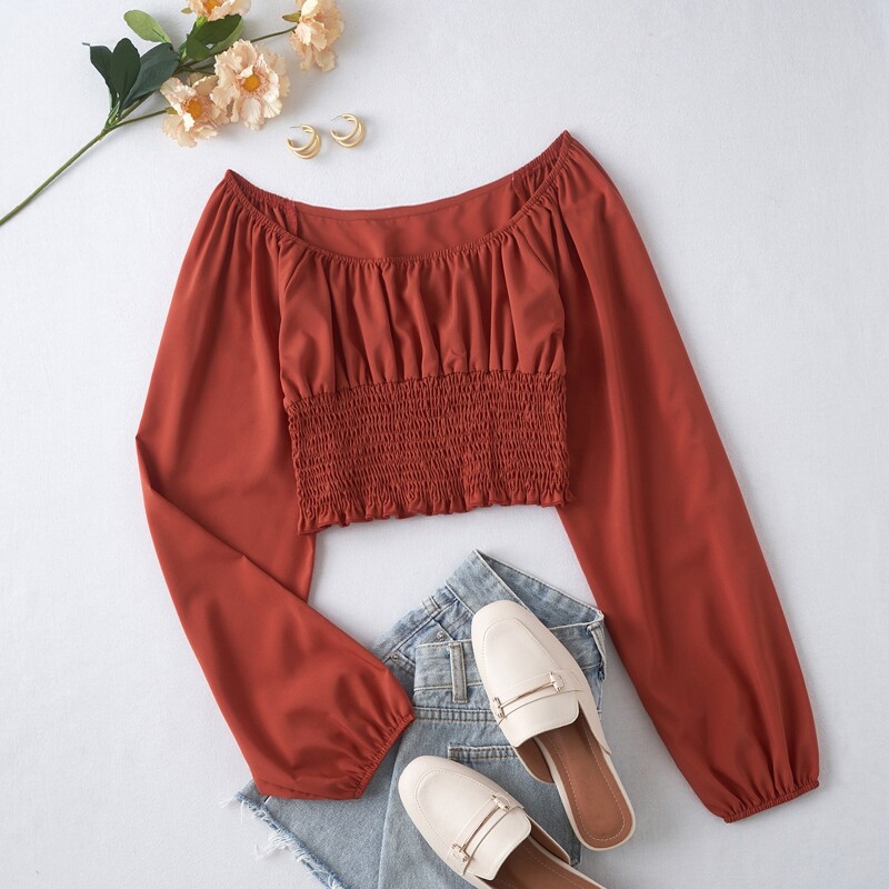 

Solid Shirred Crop Top, Rust brown